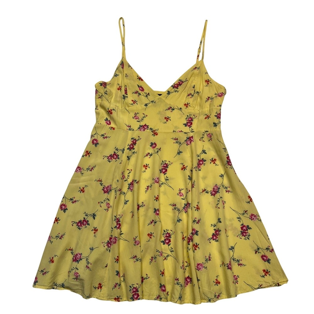 Forever 21 Butter Yellow Rose Y2K Floral Spaghetti Strap Mini Dress Juniors L - Picture 2 of 8